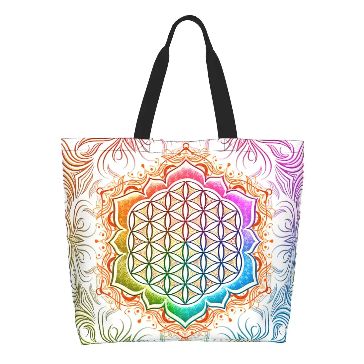 Flower Of Life Lotus Groceries Shopping Bags Print Canvas Shopper Tote Shoulder Bags Large Capacity Sacred Mandala Handbag