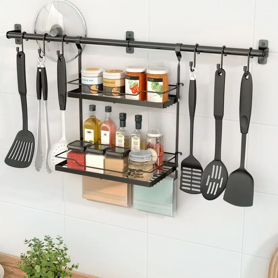 

Kitchen Utensil Hanger and Spice Rack with Towel Rack HolderWall Mount Space Saving Metal Storage Organizer for Pantry, Countert