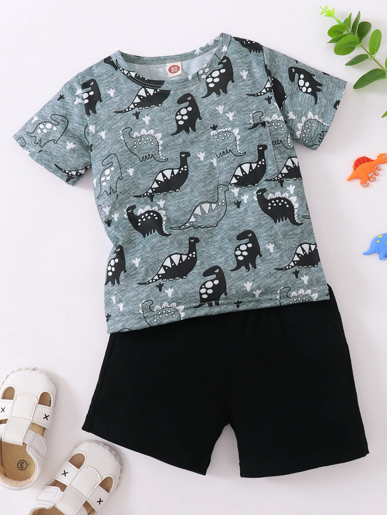 Casual Summer Outdoor Boy Baby Round Neck Cartoon Dinosaur Print Short-Sleeved T-Shirt Pure Black Shorts Daily Two-Piece Suit