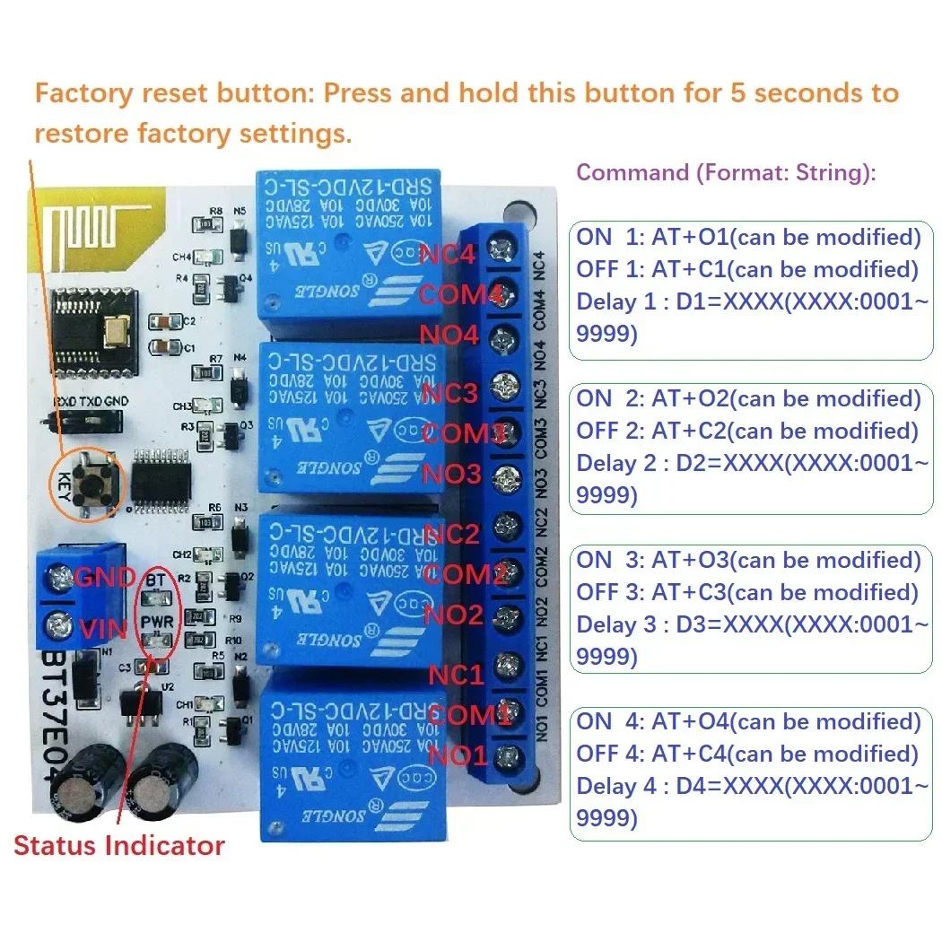 

BT37E04 4Ch DC 5V/12V For Android Bluetooth-Compatible Relay 2.4G RF Remote control IOT Module Command customization Switch