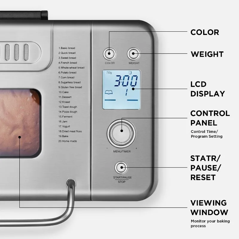 Neretva 20-IN-1 Compact Bread Maker Machine, Dual Heater 1.5LB/2LB Bread Machine Stainless Steel & Nonstick Ceramic Pan - Silver