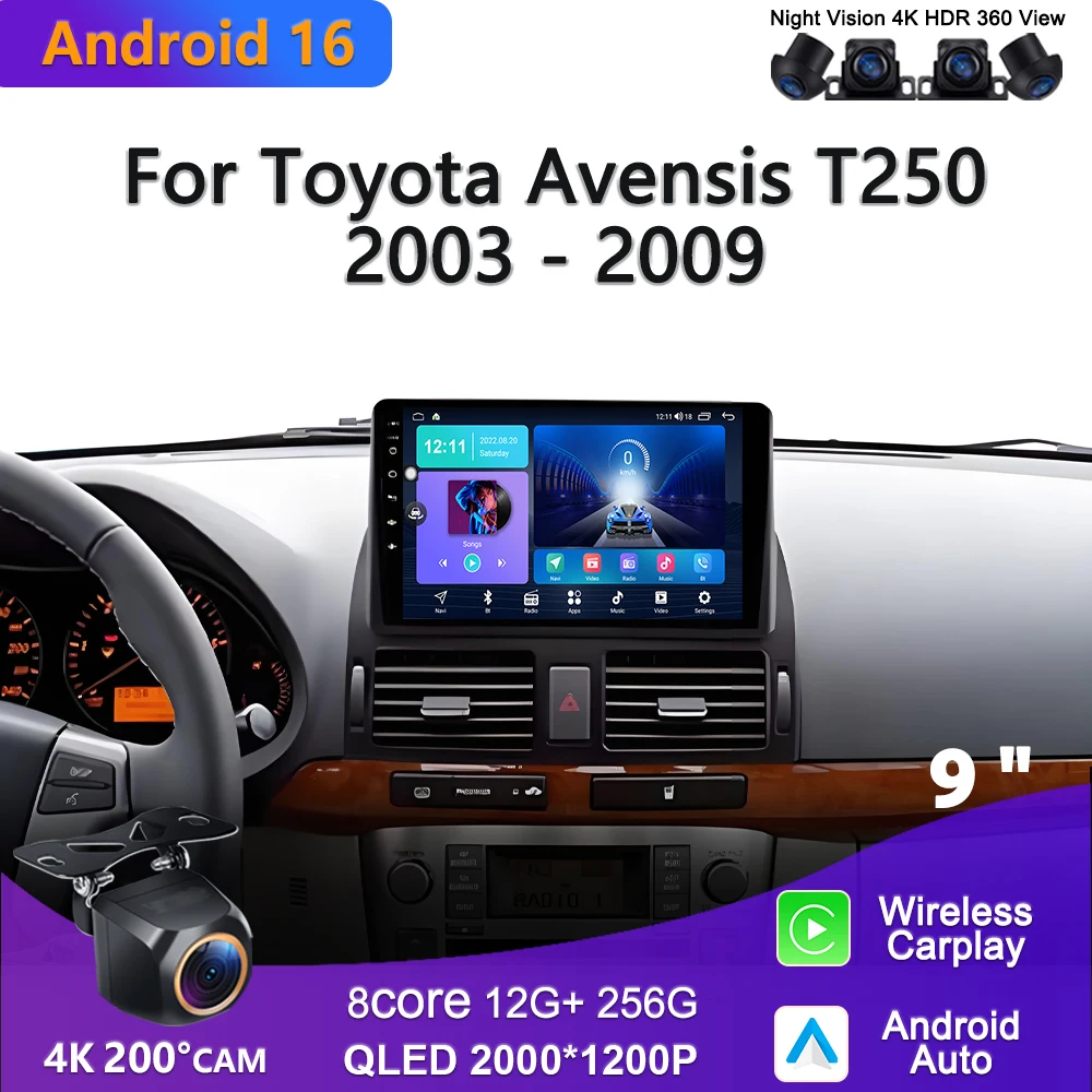 Android 16 Radio For Toyota Avensis T250 2003 - 2009 Car Multimedia Player Touch Screen GPS Navigation No 2din DVD DSP Dash Cam
