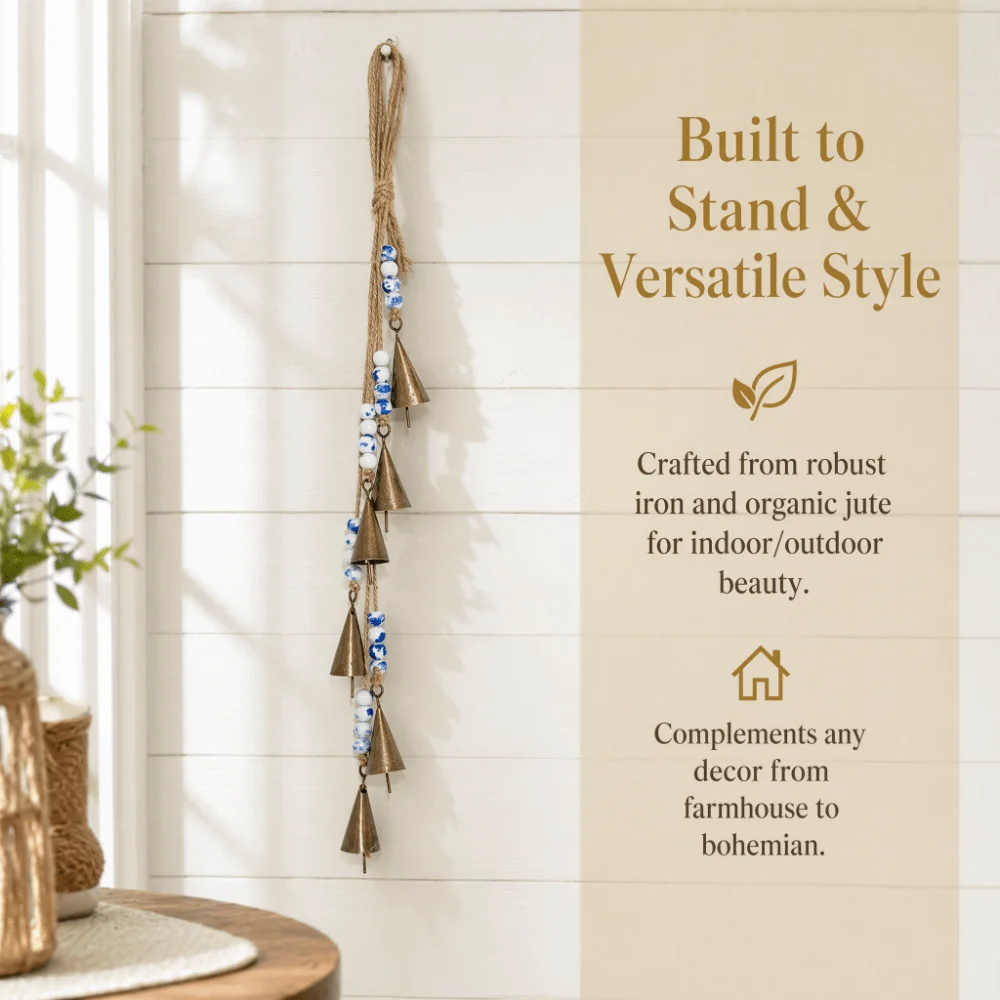 Metal Rustic Metal Cowbell 16.93in Weather-resistant Structure Jute Rope Hanging Bell Built-in Metal Clapper