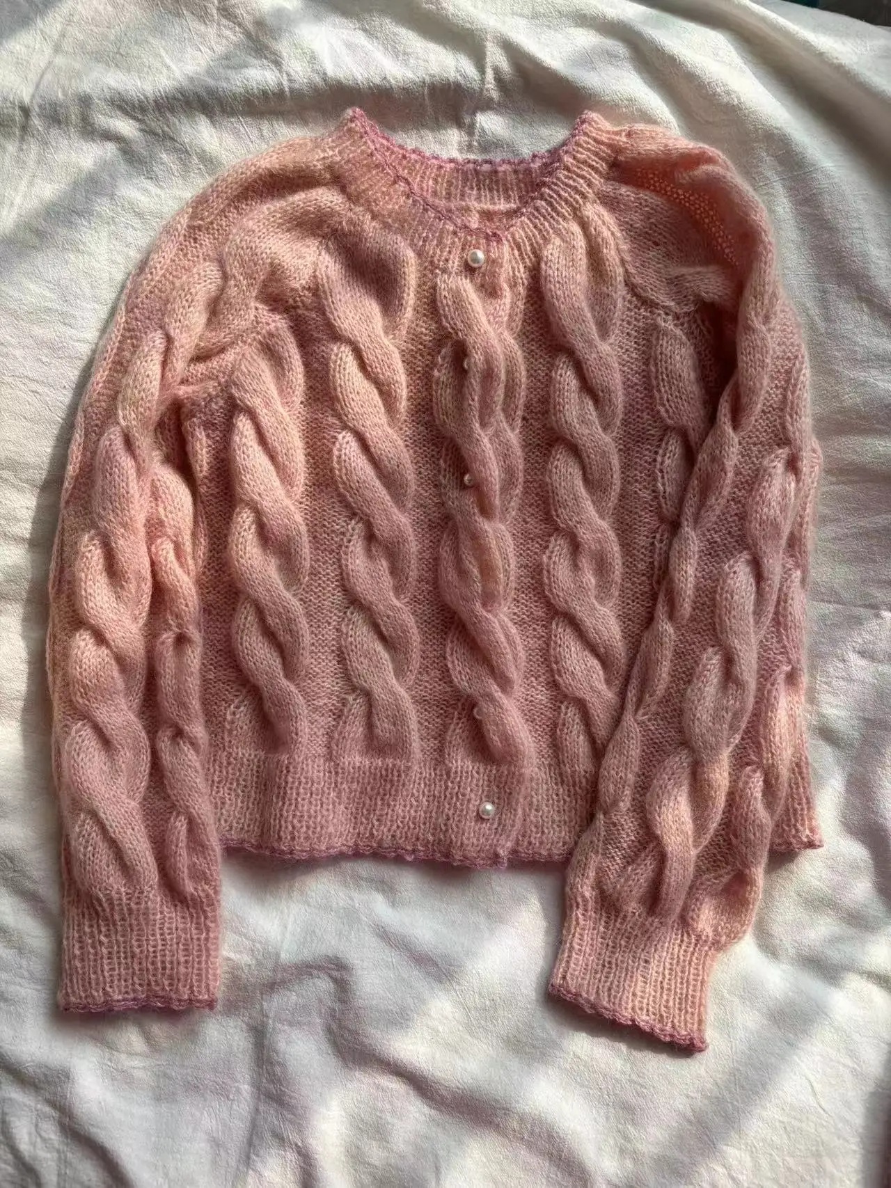 Maglione casual in mohair da donna, vestibilità ampia, giacca a maniche lunghe, top in tessuto fatto a mano, rosa chiaro, delicato e femminile