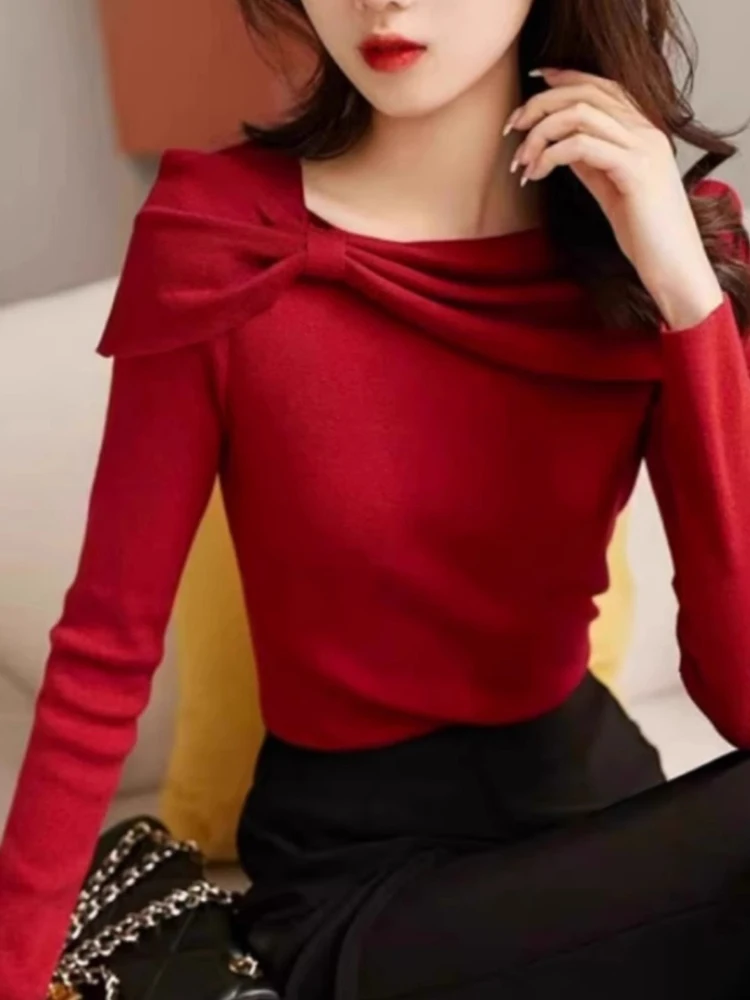 

Ele Long Sve Knitted Top Winter Knot Design oulder Bared Base irt Women's Faion Commute Sle Korean V...