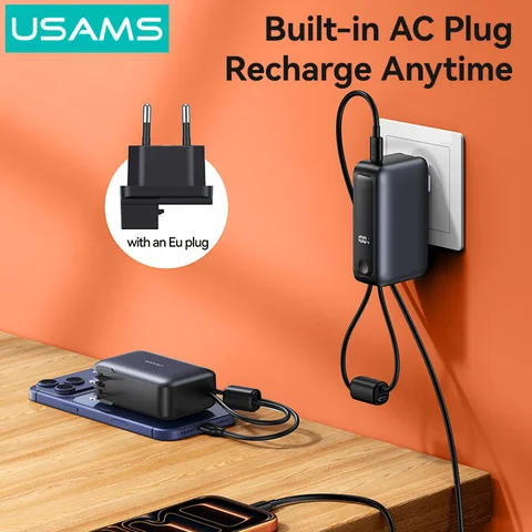 Внешний аккумулятор USAMS Power Bank 10000 мАч 2-в-1 с быстрой зарядкой USB-C, мощный портативный пауэрбанк для