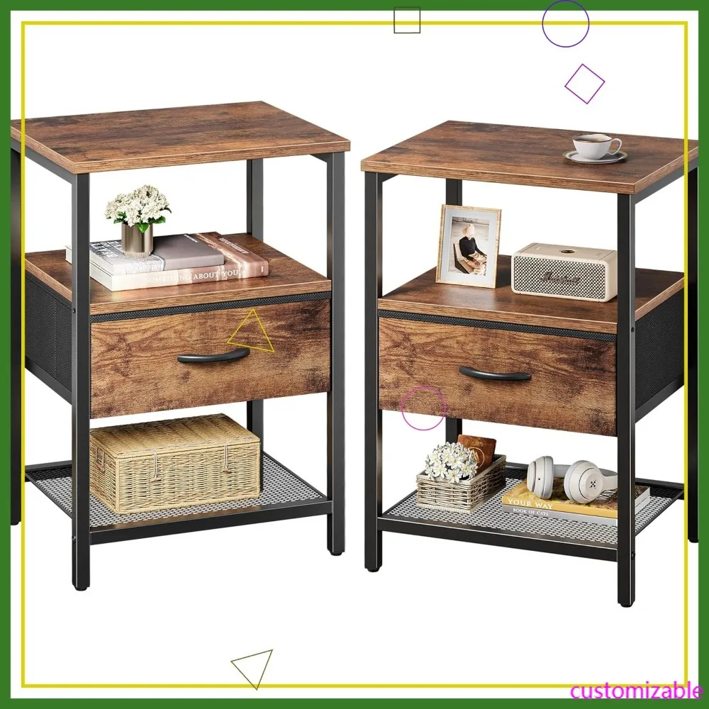 

Комплект из 2 прикроватных тумбочек с тканевыми ящиками, сетчатой полкой, металлическим каркасом - цвет рустик-коричневый