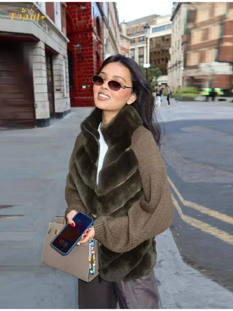 Faux Fur Patchwork Knitted Jacket Women Casual Full Sleeve Loose Zipper Furry Warm Quilted Coat New Lady Winter Street Outerwear