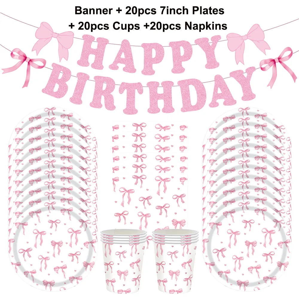 Rosa Banner Alles Gute zum Geburtstag Schleife Ballon Strohhalm Einweg-Pappteller Servietten Becher Tischgeschirr Prinzessin Mädchen Geburtstagsparty Zubehör – Detail 2