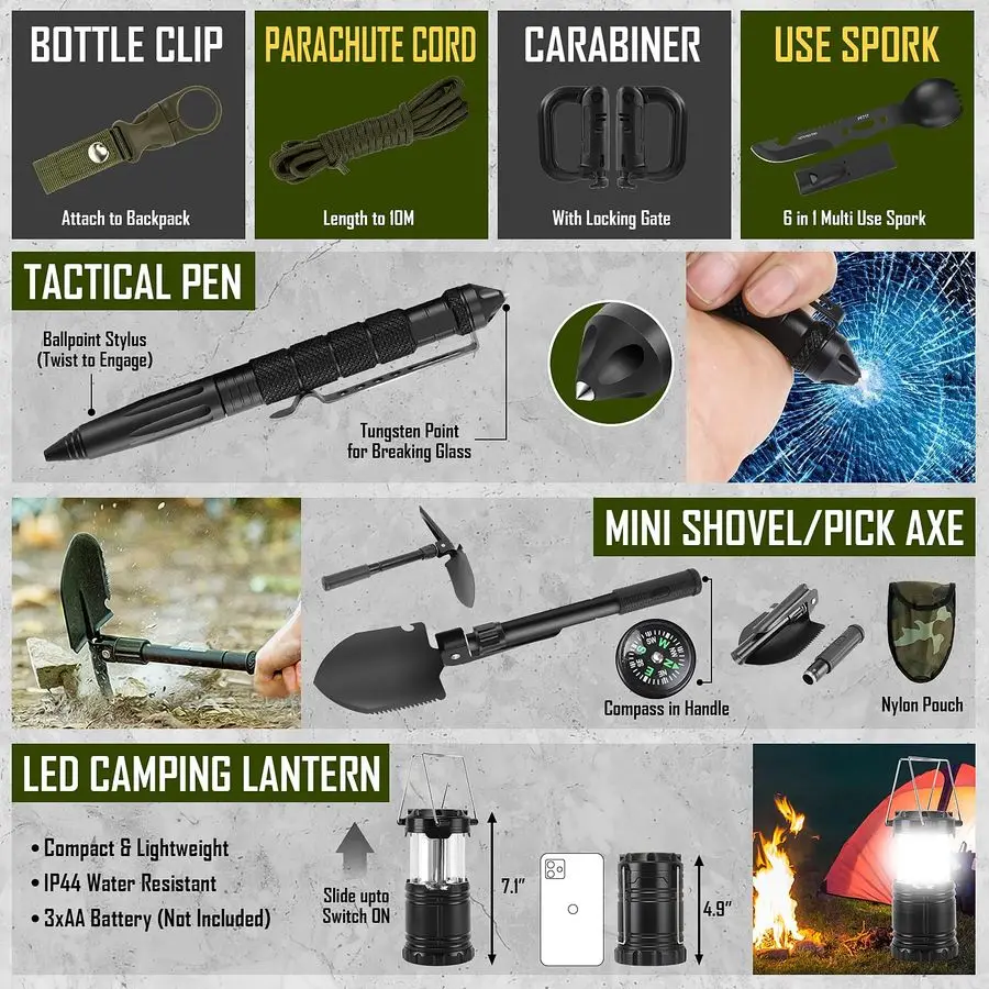 Kit, 268 Pcs Emergency Survival Gear and Equipment Supplies with First Aid Kit, Camping Axe, Headlamp, Crossbody Bag for Camping view 6