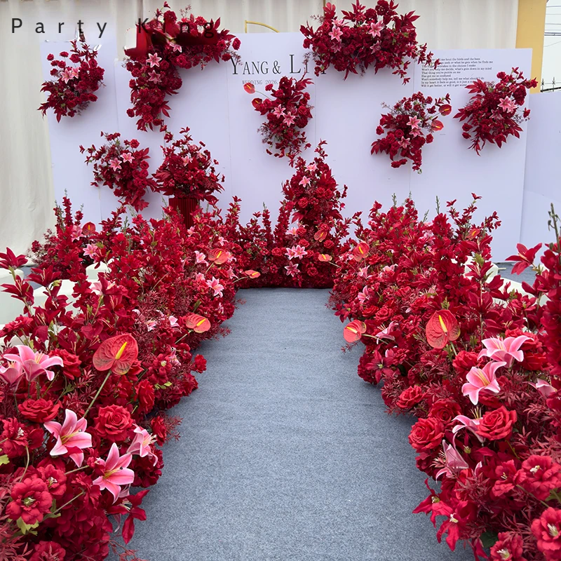 Red Rose Lily Artifical Flower Runner Wedding Backdrop Decoration Corner Row Floral Artificial Silk Hydrangea Flower Bunch