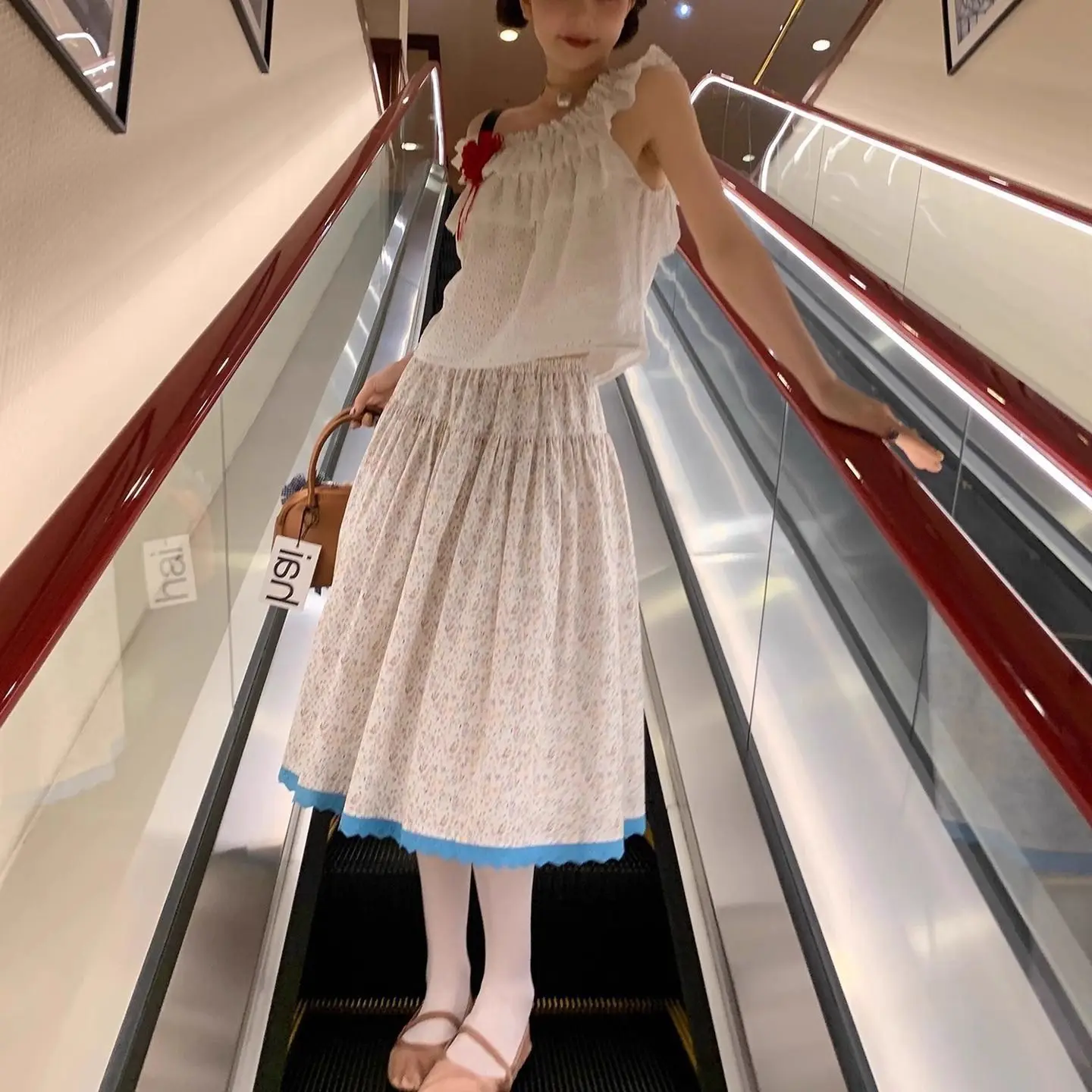 Bohemian Cute Floral Print Midi Skirt for Women Contrast Lace Trim & Bow Accent A-Line Skirt Spring Autumn Daily Wear