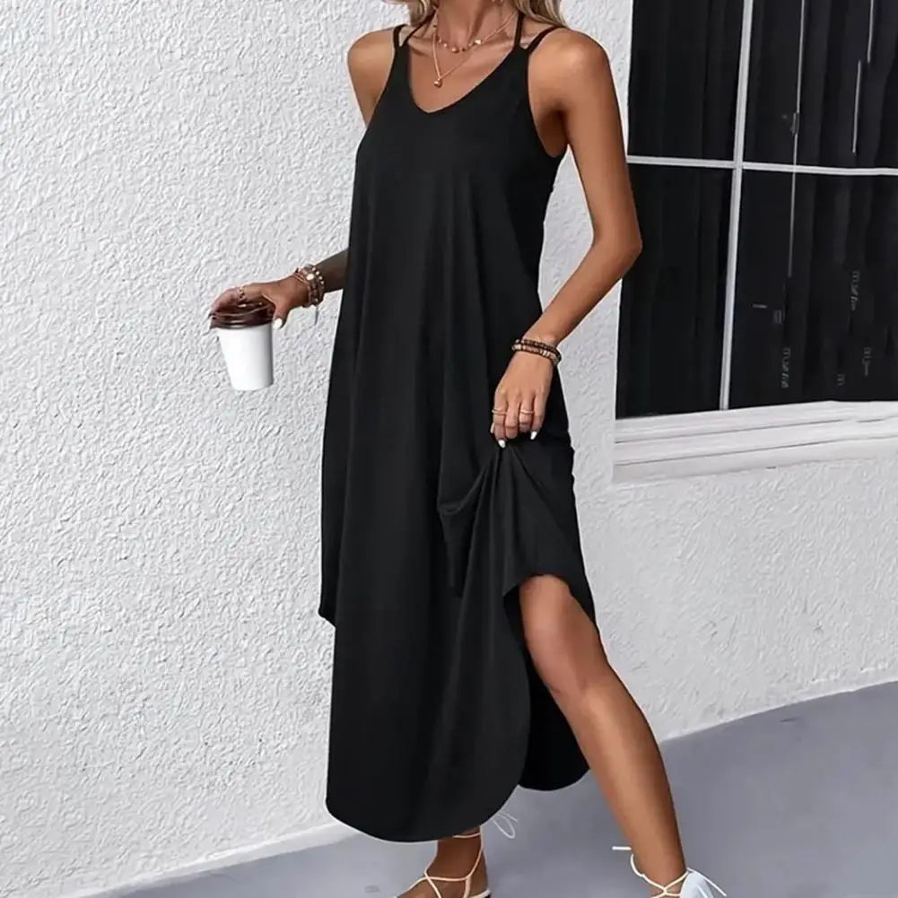 V-neck Long Dress Stylish V Neck Irregular Hem Midi Dress for Beach Parties Vacations Double Spaghetti Straps Backless Design