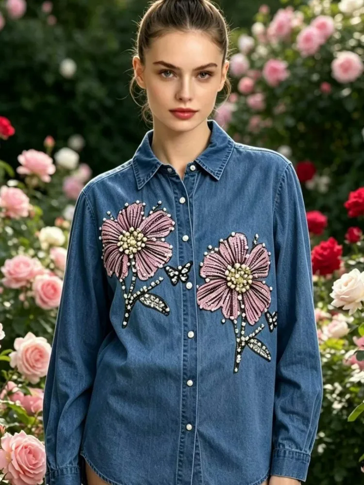 Women Denim Embroidery Blouses Spring Autumn Long Sleeve Woman Blouse Shirt Office Elegant Work Shirt Top Blusas Mujer De Moda