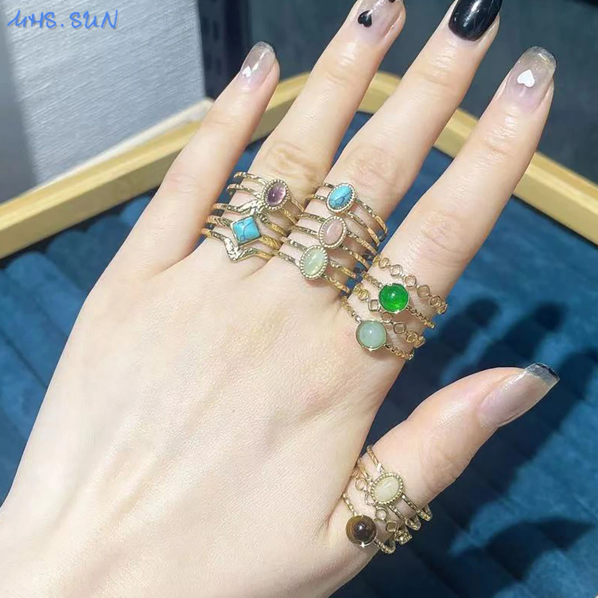 MHS.SUN Luxury Gold Plated Natural Stone Rings Stainless Steel Healing For Women Men Moon Star Hollow Can Open Boho Jewelry