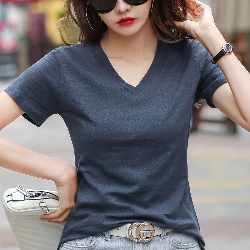 2026 Summer New Arrival Women's Loose T-Shirts 100% Cotton V-Neck T-Shirt Split Hem Short Sleeve Tees Fashion Slim White Tops