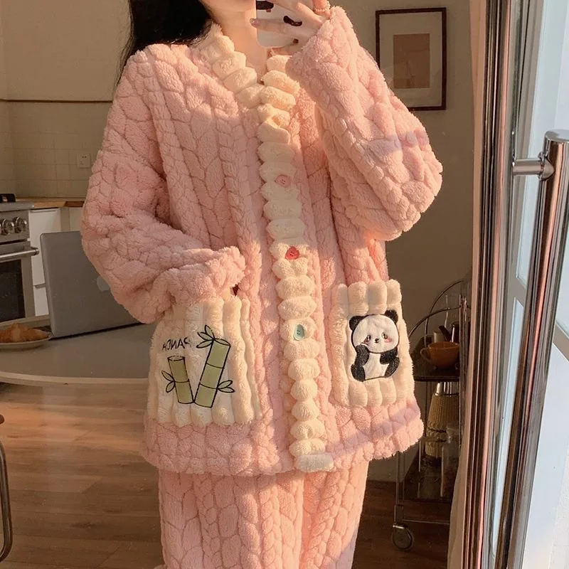 2024 New Winter Pajamas Female Coral Velvet Thickened Warm Sleepwear Jacquard Panda Cartoon Loungewear Set Flannel Homewear