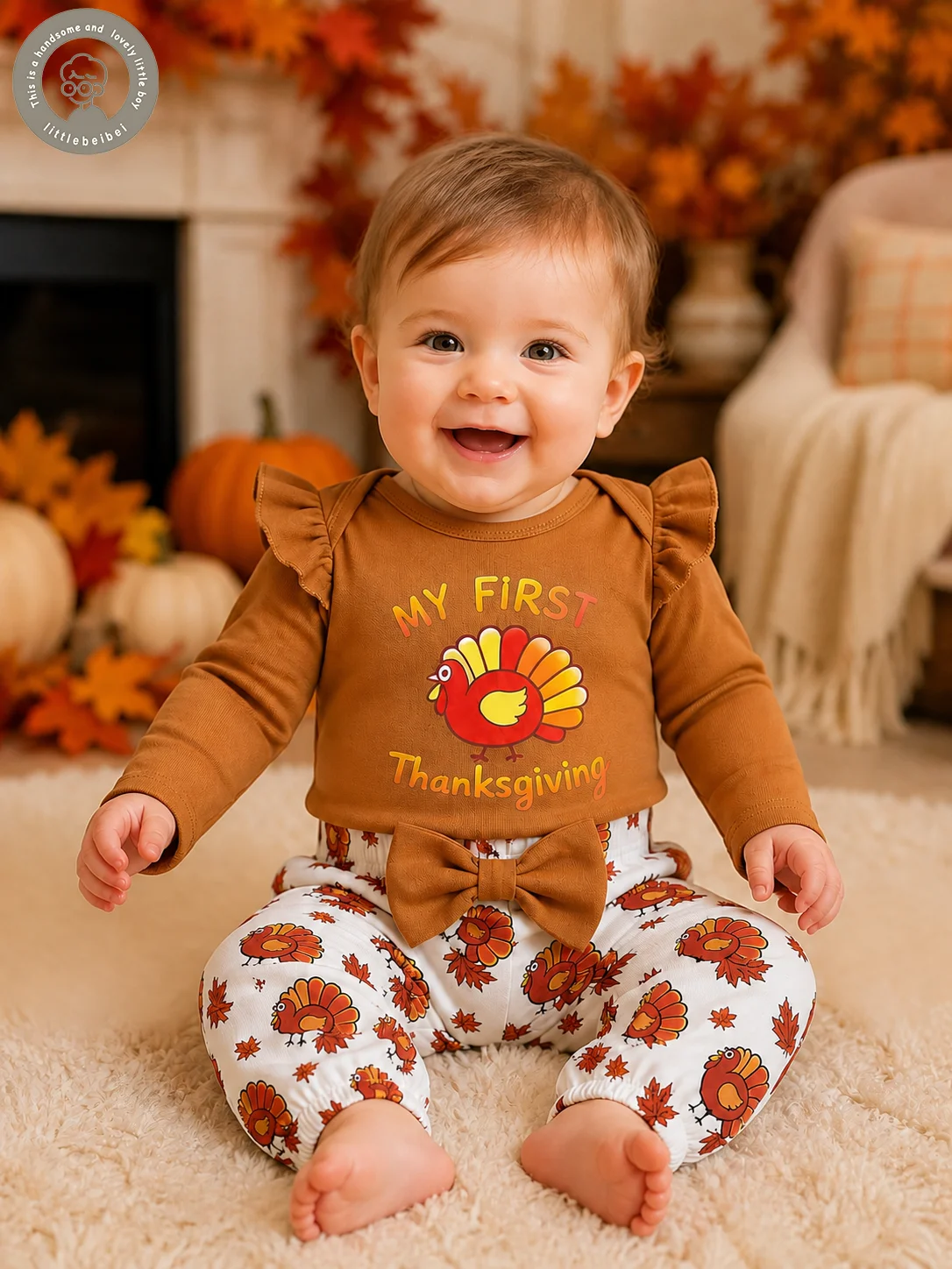 Baby Girl My First Thanksgiving Outfit Ruffle Long Sleeve Bodysuit Turkey Print Pants Bow Headband 3Pcs Fall Clothes Set