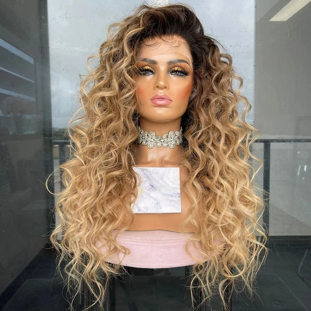 ZXBMALWIGS  Synthetic Ombre Honey Blonde Loose Curly Lace Front Wig Black Women With Baby Hair Preplucked