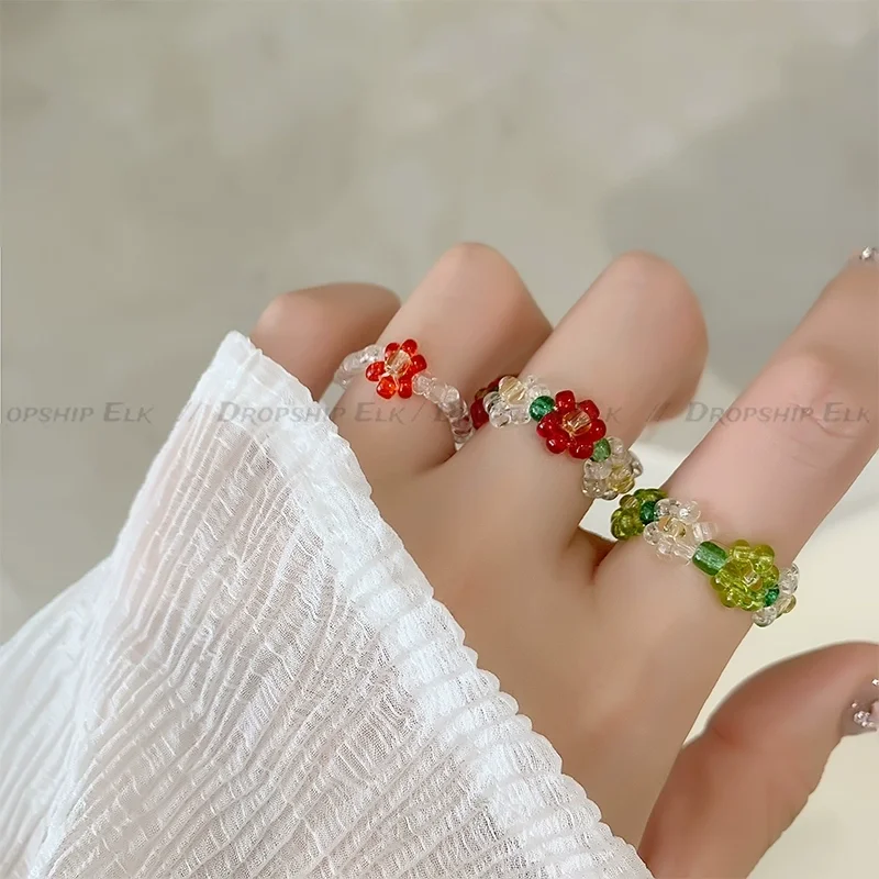 Anillos elásticos con cuentas de cristal para mujer, bonitos cuentas de caramelo, anillo de flores tejido hecho a mano para regalos de joyería bohemia de verano