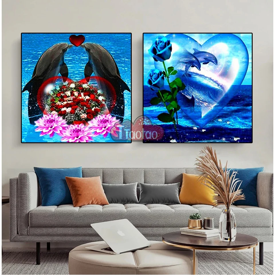 Cross Stitch Love Dolphin Diamond Painting 5D Aniaml Flower Full Square Round Mosaic Embroidery DIY Rhinestone Handicrafts Decor