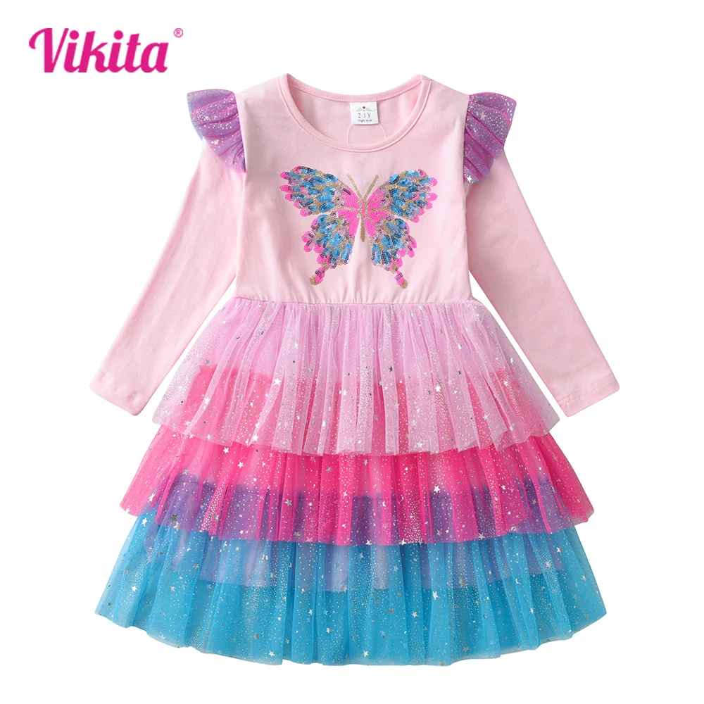 VIKITA Girls Butterfly Sequined Appliqued Long Sleeve Dress Kids Birthday Party Performance Prom Gown Shiny Princess Dresses