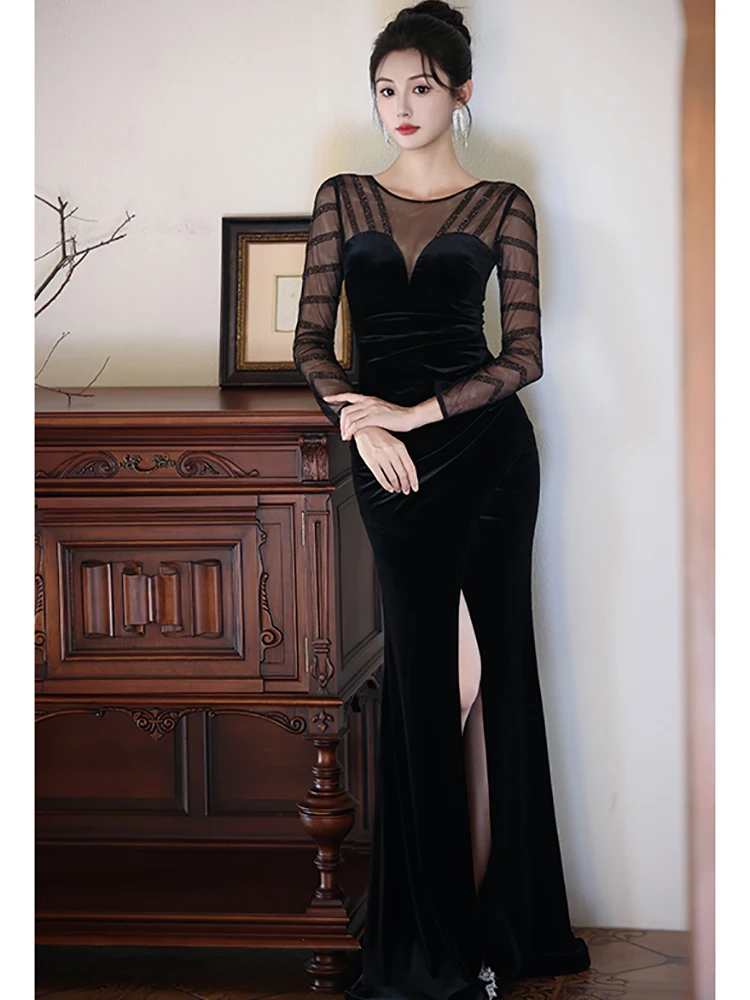 2025 vestido Sexy transparente de malla de retales de terciopelo negro para mujer vestido de noche de lujo Hepburn Vintage Otoño Invierno vestido ajustado coreano