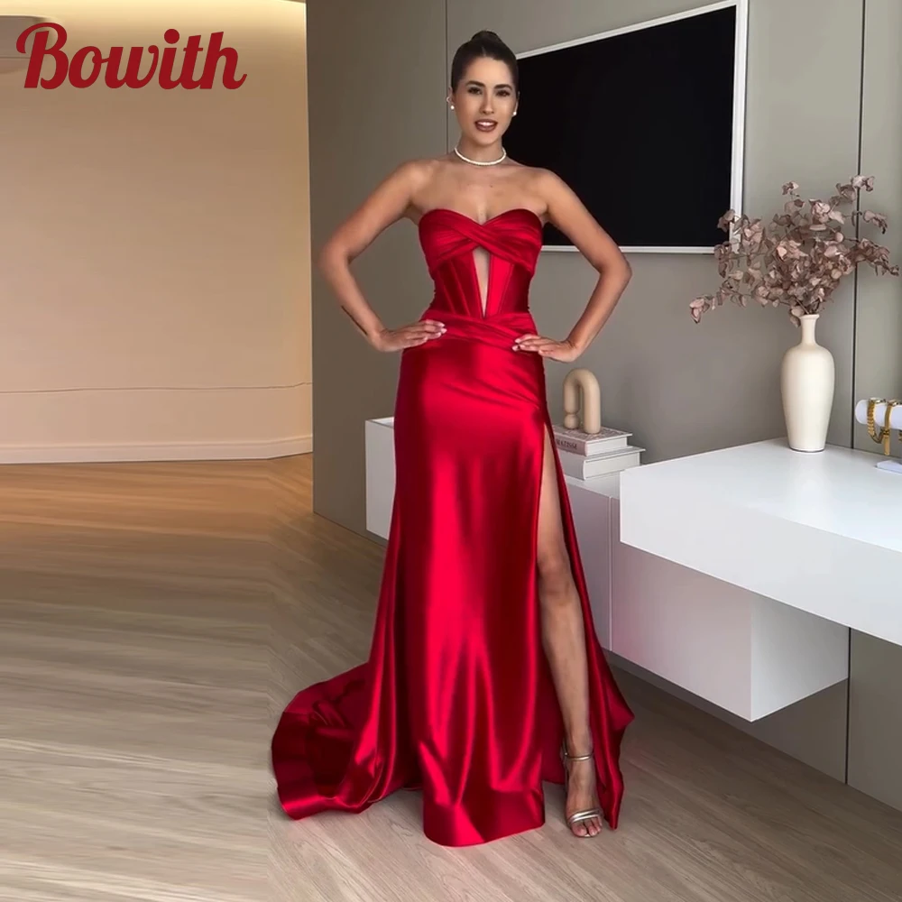 

Bowith Red Satin Evening Gown Sweetheart Strapless Side High Slit Prom Party Gown Floor-Length Customized Dresses for Women