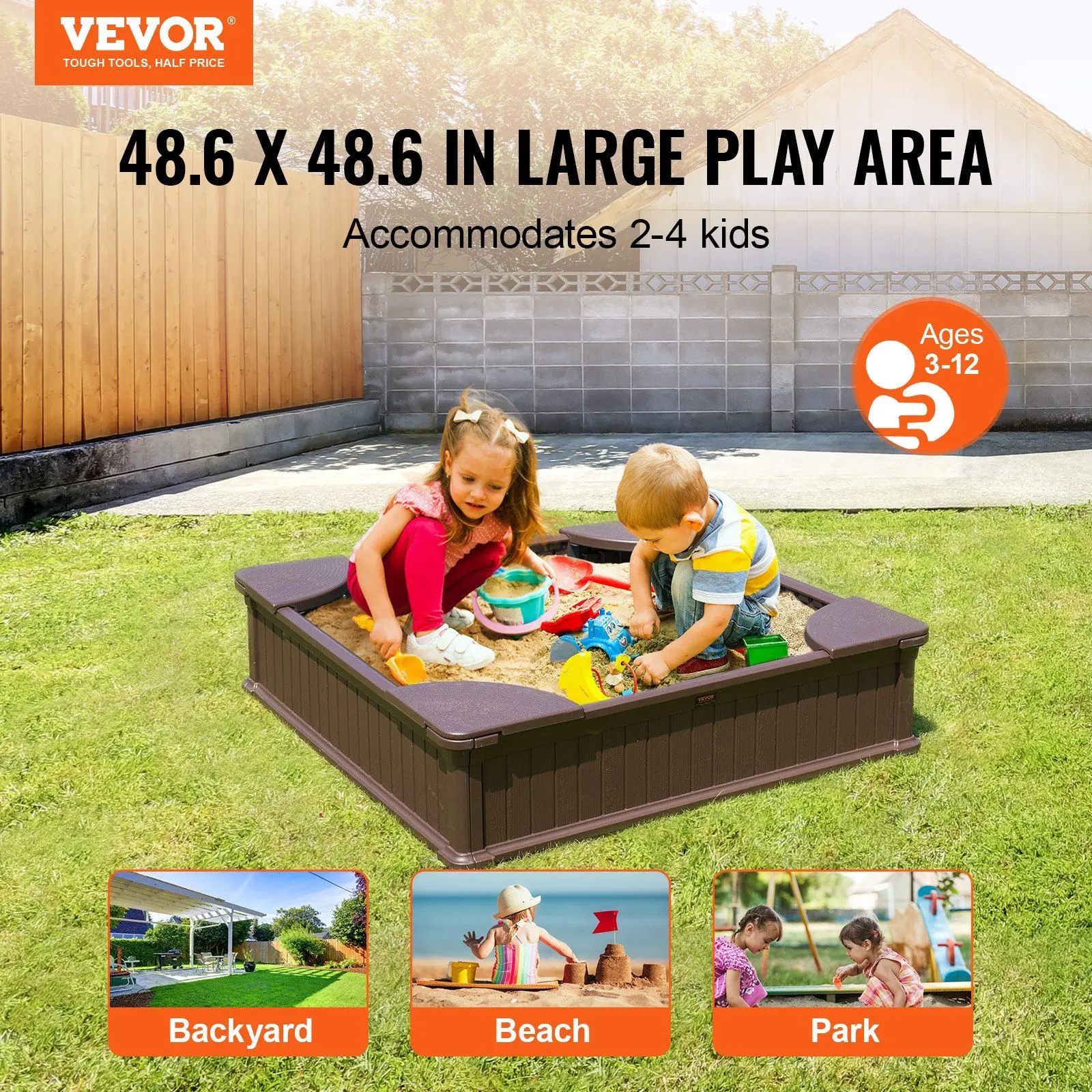 Sandbox with Cover, 48.6x48.6x12.4 in Square Sand Box,