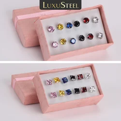 LUXUSTEEL 6Pairs Stainless Steel Square Round White Crystal Stud Earrings Set 3-8mm Fashionable Bijoux Accessory for Women Men