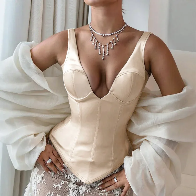 여성 패션 샴페인 새틴 코르셋 탱크 탑 섹시한 딥 브이 넥 민소매 백리스 레이스 업 슬림 바디 쉐이핑 조끼 캐주얼 티셔츠