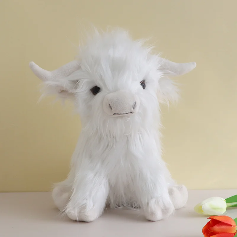 25 cm Simulation Kyloe Creme Highland Kuh Tier Plüschtier Weiche Angefüllte Highland Kuh Cattlle Plüschtier Geburtstagsgeschenk für Kinder Mädchen