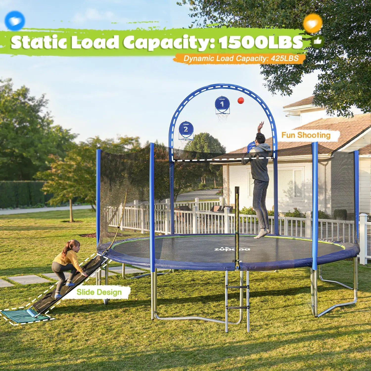 LBS Weight Capacity 16 15 14 12 10 8FT for Kids Children with Safety Enclosure Net Outdoor Backyards Large Recreational Trampoli