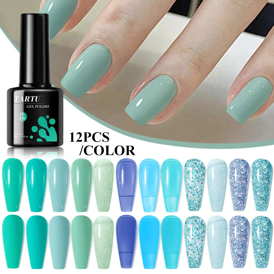 12色のジェリーグリッタージェルネイルポリッシュセットには、カーキ、パープル、ホワイト、レッド、ブルー、グリーン、ピンクのセミパーマネントカラーが含まれています。