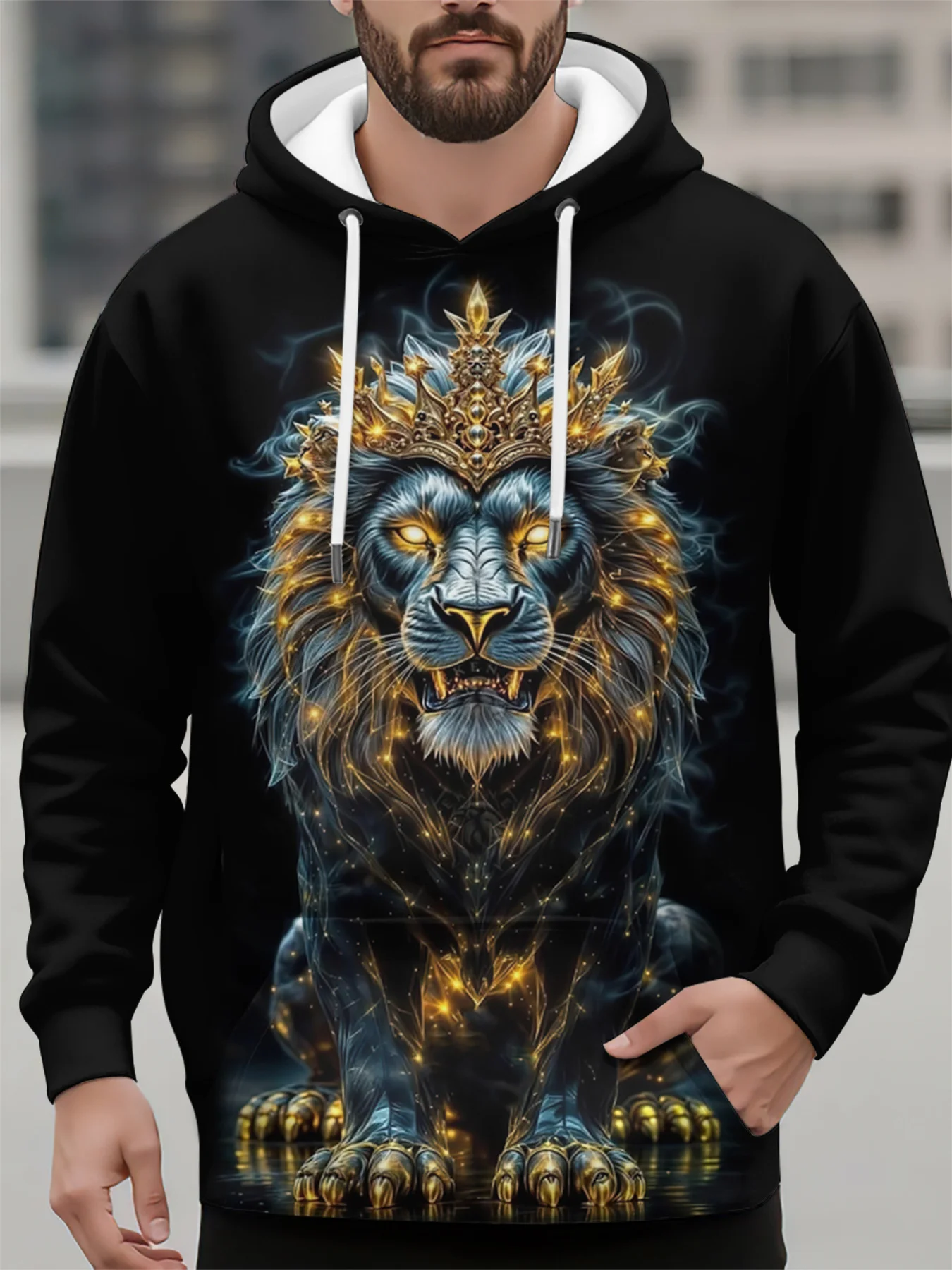 

Funny Animal Print Men's Hoodie Street Hip Hop Style y2k Clothes Fashion Lion Pattern Pullover Autumn Winter Casual Sweatshirts