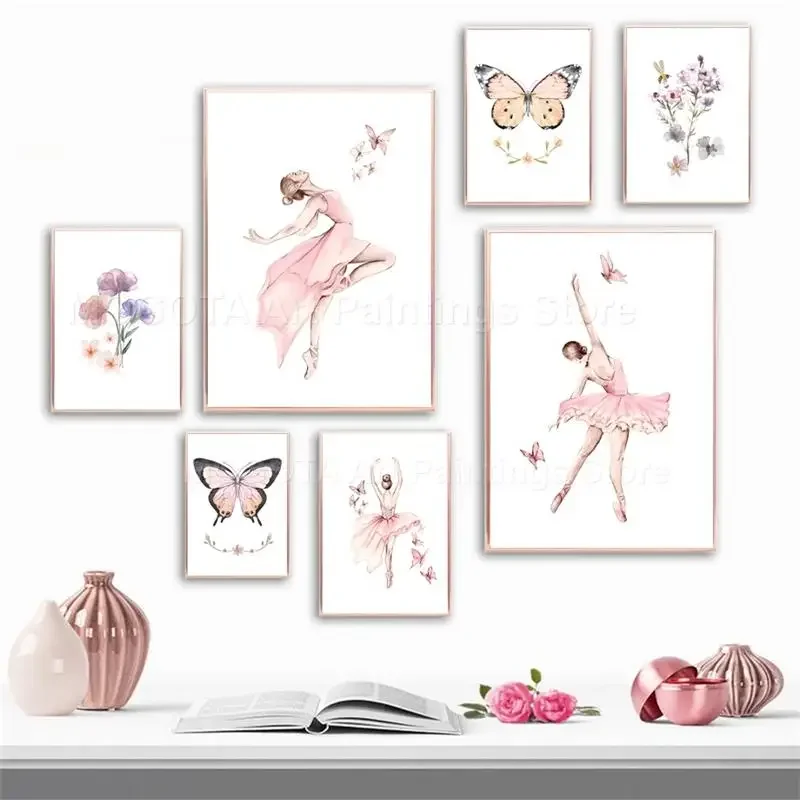 

Watercolor Ballet Girl Flower Butterfly Nursery Wall Art Prints Canvas Painting Nordic Posters Pictures Kids Room Bedroom Decor