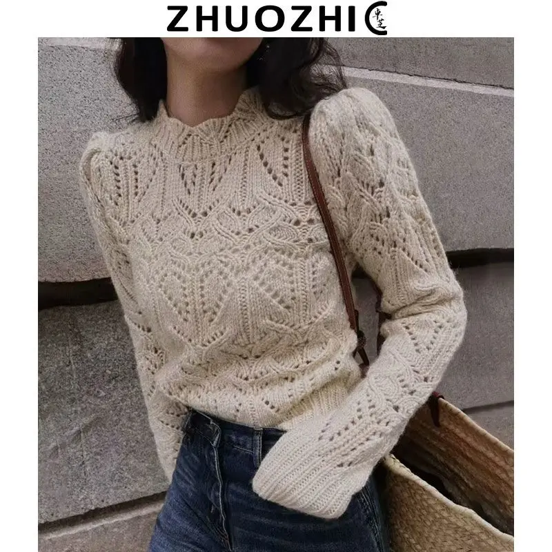 French Heavy Industry  Crochet Knitted Sweater Women's Clothing 2026 Autumn and Winter New Bubble Sleeve Court Sweater Women