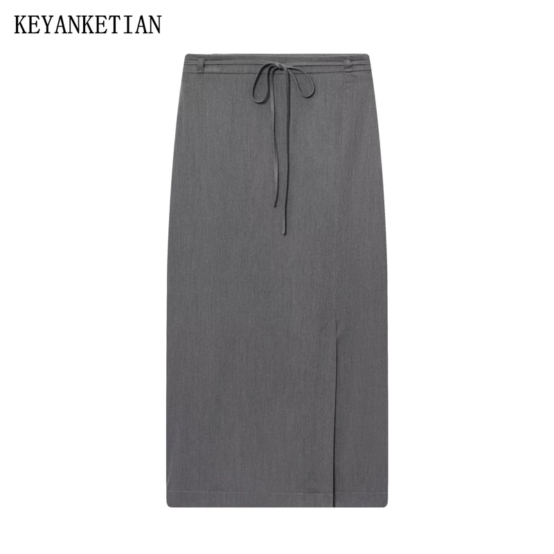 KEYANKETIAN Spring New Women's Side Zipper High-waisted MIDI Skirt Office Lady Slim Stylish Front Split Grey Straight Skirt Thin