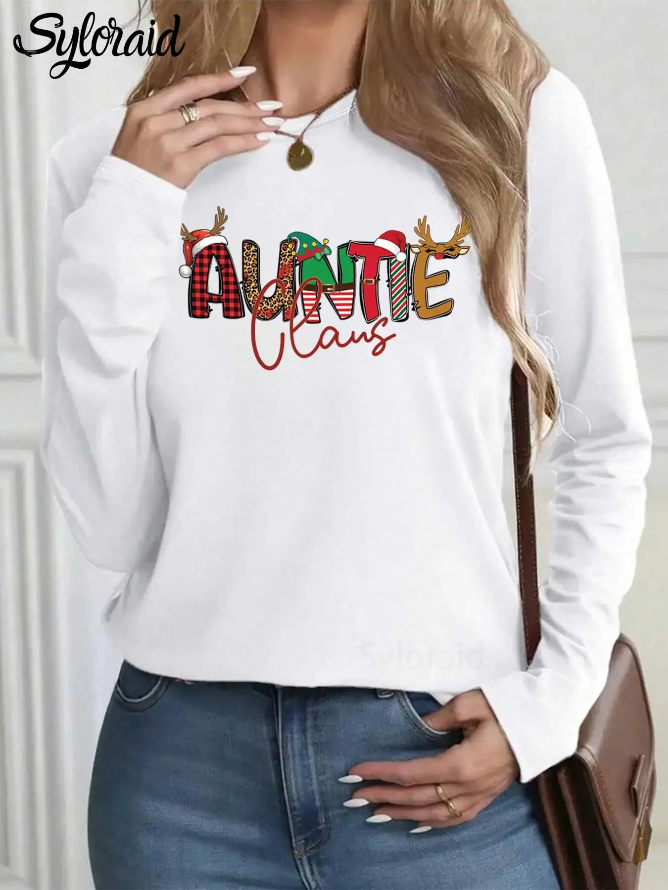 여성용 긴 소매 티셔츠 'Auntie Claus' 크리스마스 프린트 티셔츠 패션 라운드 넥 캐주얼 탑