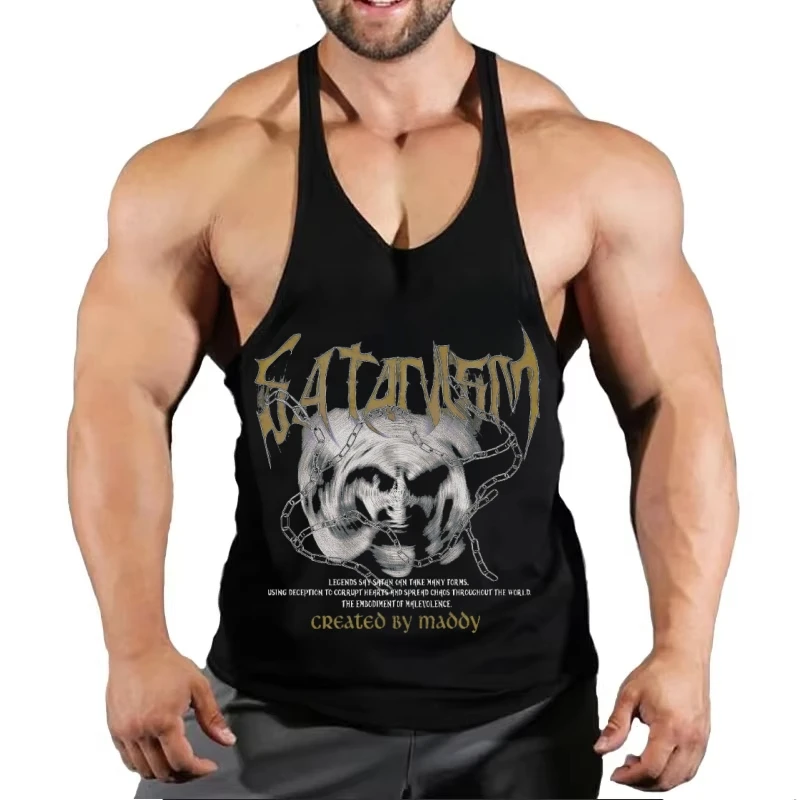 

Men’s Satanic Graphic Gym Tank, Bodybuilding Stringer Vest, Heavy Metal Inspired Workout Top