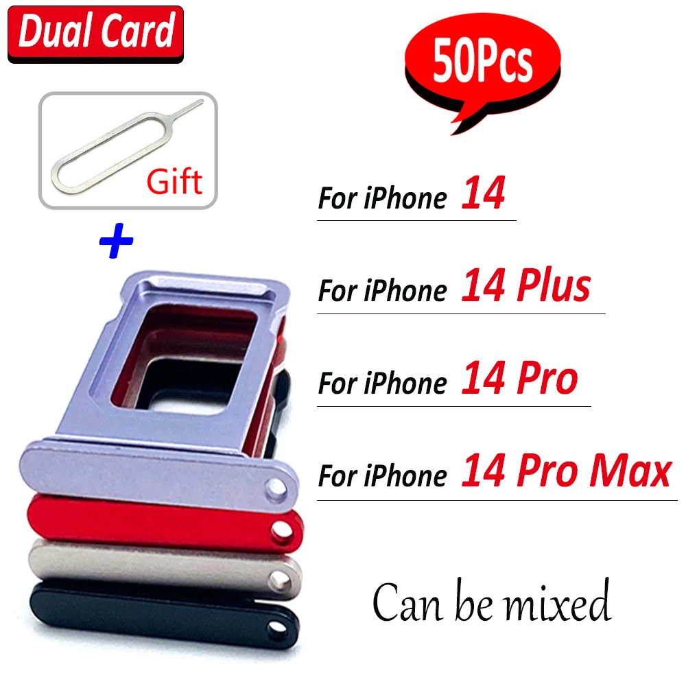 50Pcs，N​EW Repair SIM Card Tray chip slot drawer Holder Replacement Part Dual Card For iPhone 14 Plus / 14 Pro Max + Pin