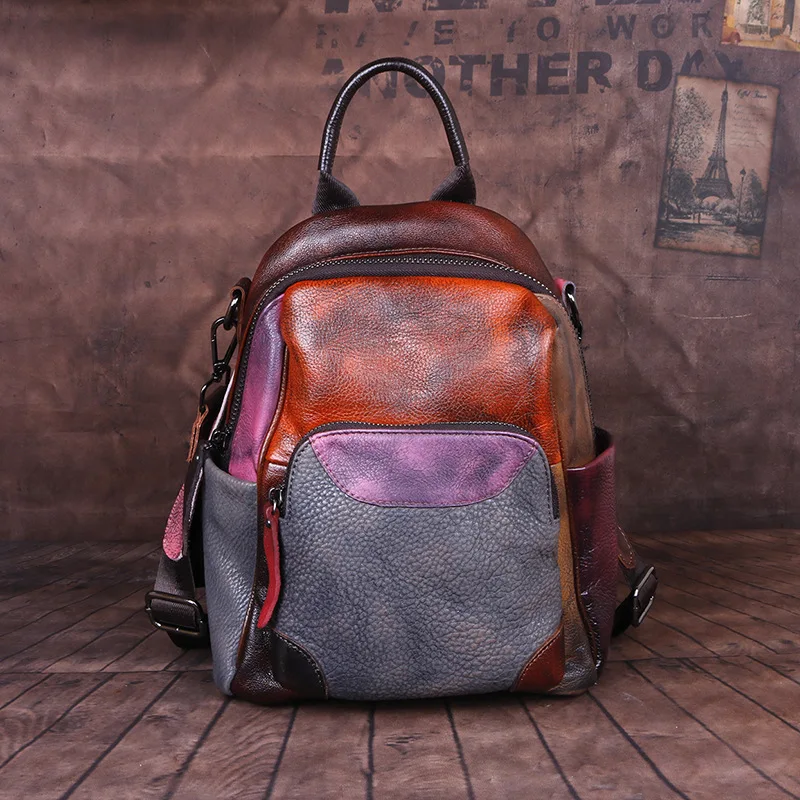 Real leather color-matching hand-painted schoolbag for high-end commuting and traveling, women's double-shoulder small bag