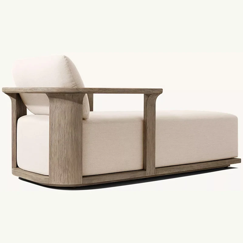 Luxury Teak Chaise Modern Outdoor Leisure Lounge Chair Fabric Cushion Teak Frame Clean Lines