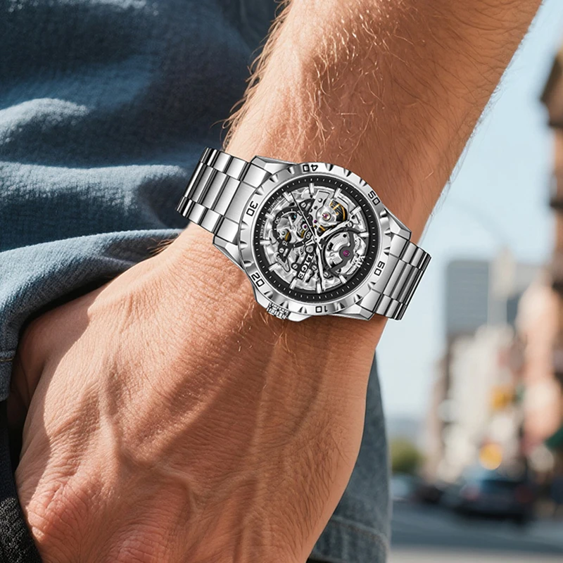 LIGE جديد الرجال ساعات المعصم الميكانيكية موضة الجوف الهيكل العظمي ساعة أوتوماتيكية للرجال عادية الأعمال الرياضة مقاوم للماء ساعة الرجال