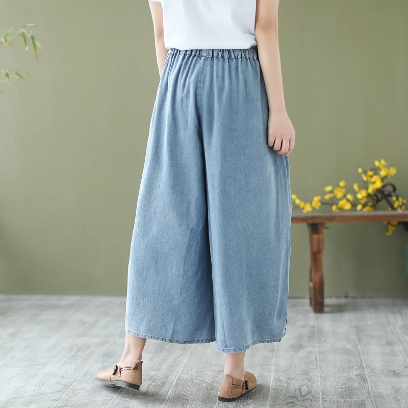 Neue 2025, Sommer-Baumwoll-Denim-Hose, Damen-Jeans mit elastischer Taille, Stickerei, Mori Girl Retro Pendeln, lässige Jeans mit weitem Bein, B56689CC