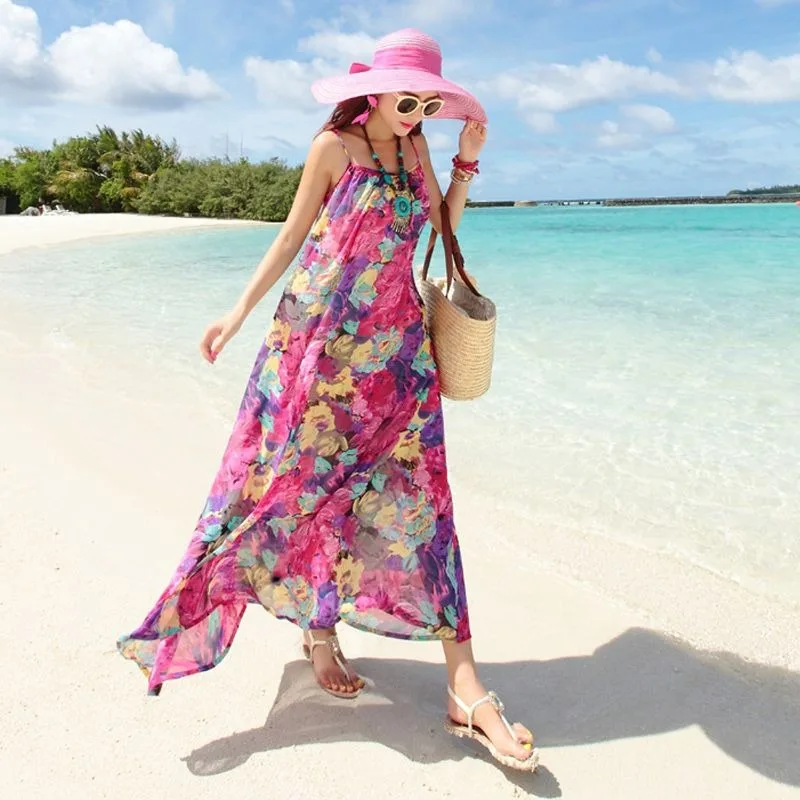 

eveningdressesfor eventsWomen's bohemian floral print maxi dress spaghetti strap irregular hem flowy chiffon beach vacation wear