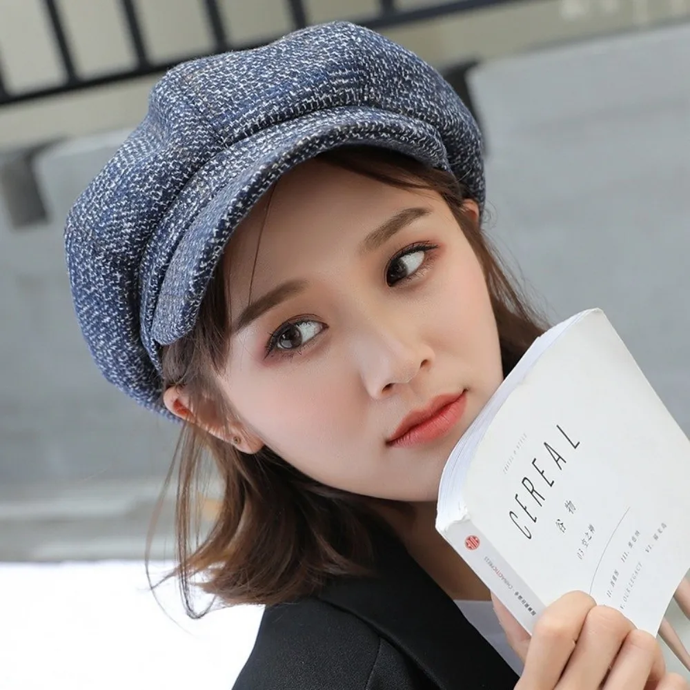 Fashion Woolen Plaid Octagonal Hat Ear Protection Keep Warm British Berets Thick Korean Style Artist Hat Girl