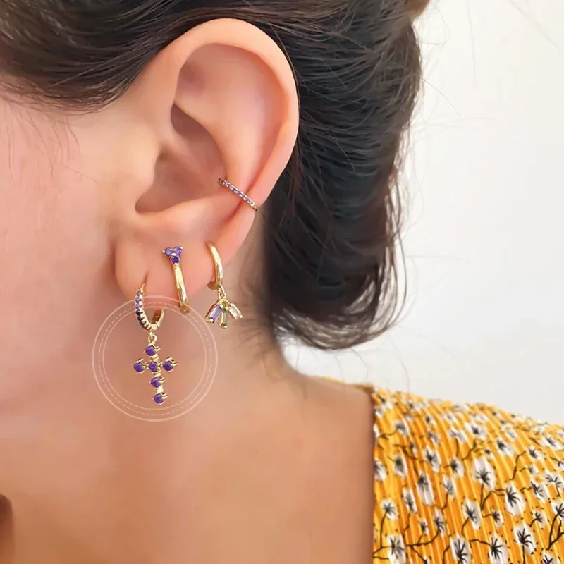 Pendant Huggie 925 Sterling Silver Earrings Elegant Purple Series hoop Earrings Crystal Zircon Gold Fashion Wedding Jewelry 2023
