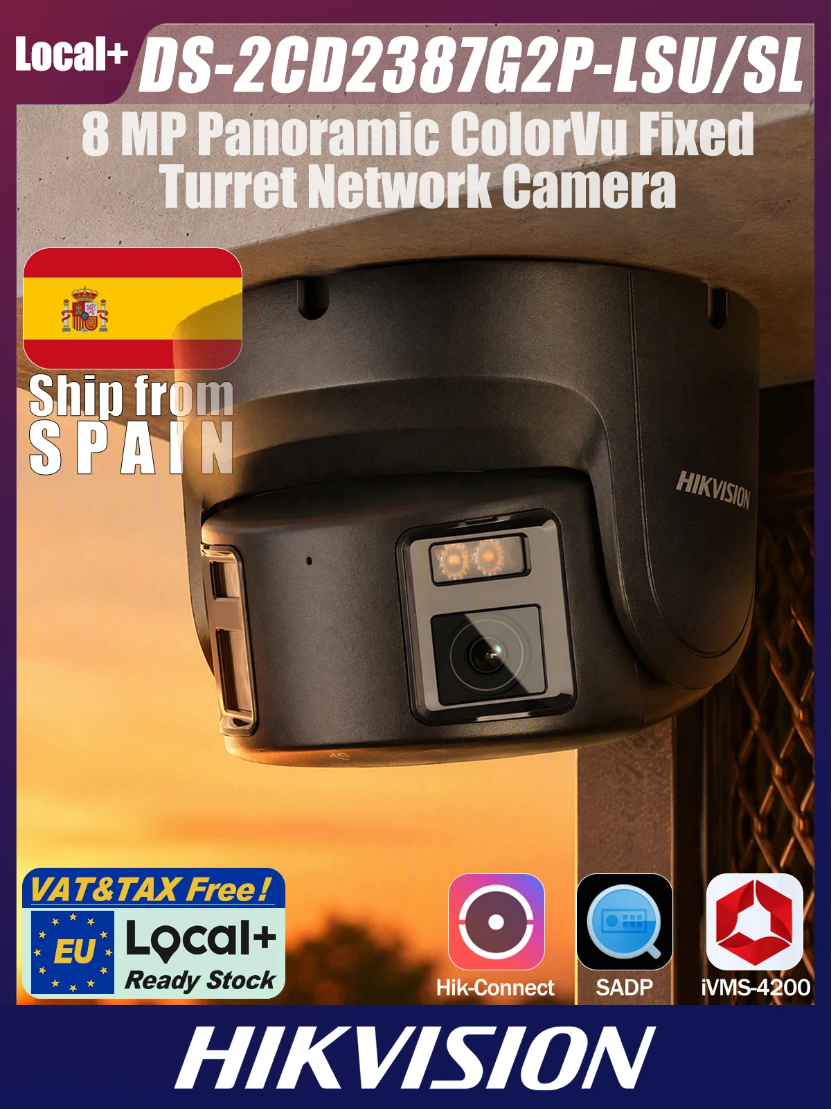 DS-2CD2387G2P-LSU/SL Hikvision Local+ schwarze 4mm 8MP Panoramic ColorVu feste Turret-Netzwerkkamera, 180° Abdeckung, 130dB WDR, 30m Weißlicht, integriertes Zwei-Wege-Audio, weißer Blitz, PoE, IP67