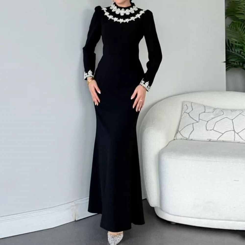 

Customized A-line Evening Dresses Ankle-length High-neck Full Sleeve Prom Gown Fashion Crystal Saimple Draped Casual Party Gown
